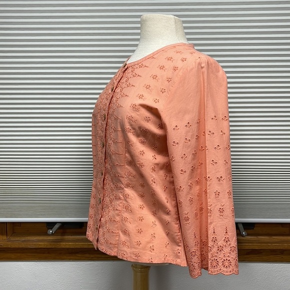 J. Jill Apricot Cotton Eyelet 3/4 Bell Sleeve Button Down Shirt Size Small - Picture 6 of 9